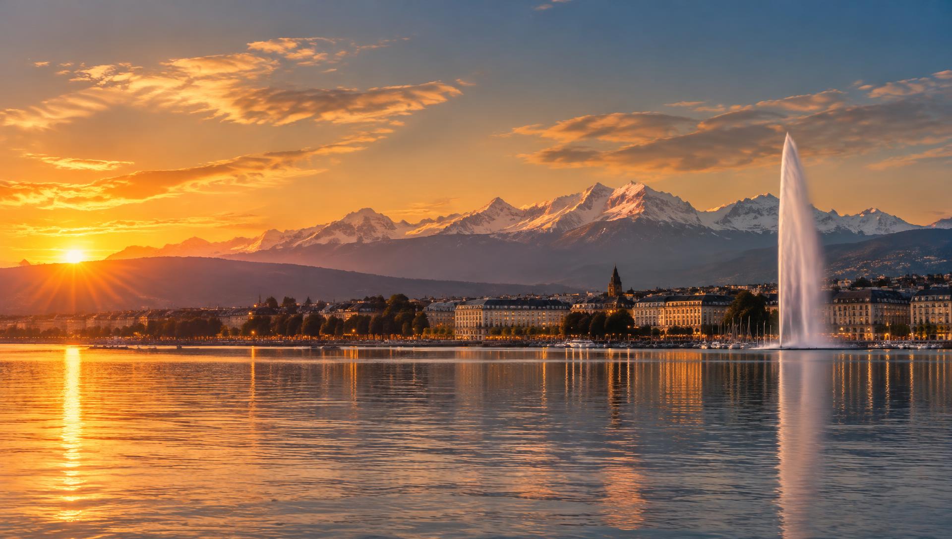 Sunset over Lake Geneva and the Swiss Alps