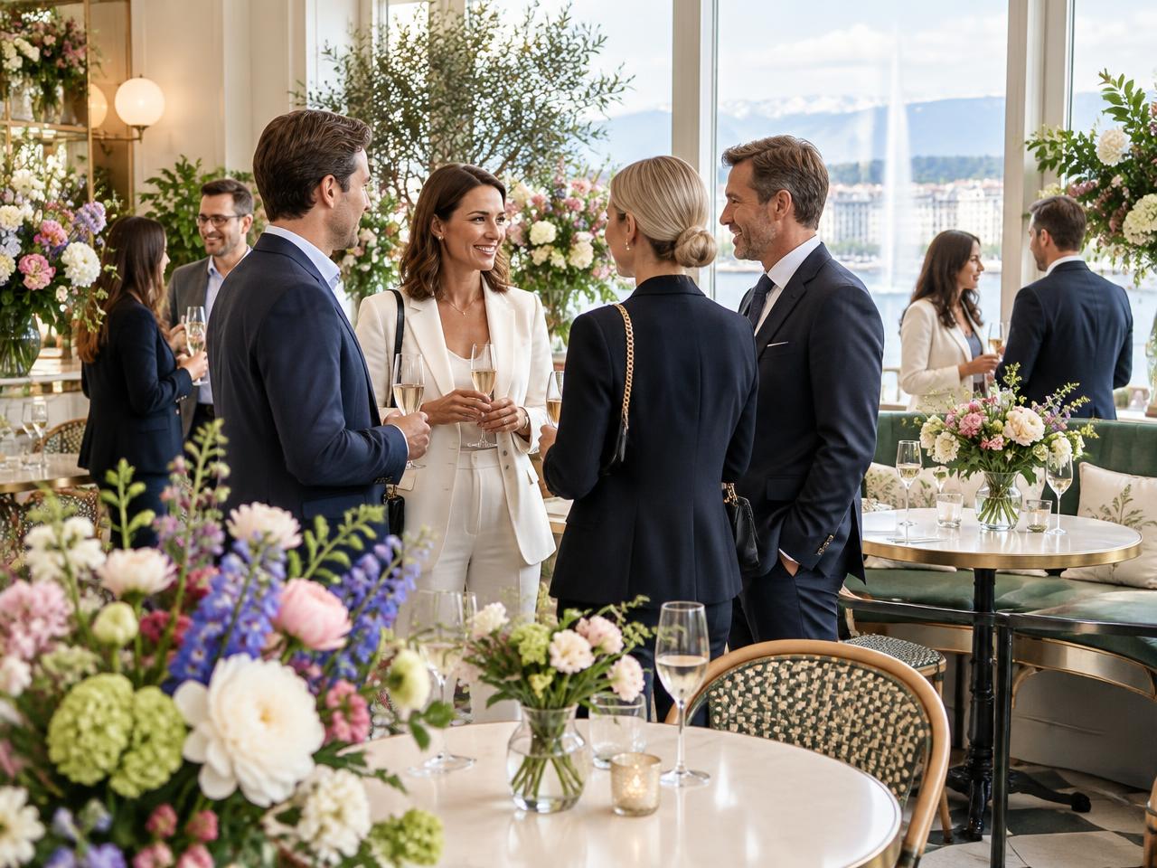 Illustration of a floral café reception
